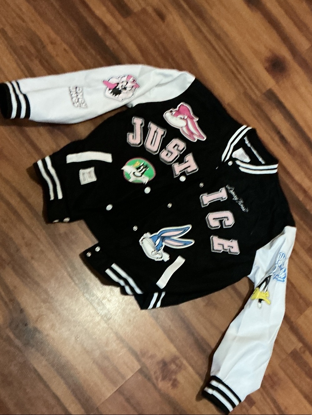 Black & White Varsity Jacket-Style Kids Top with Fun Patches New justice XLP